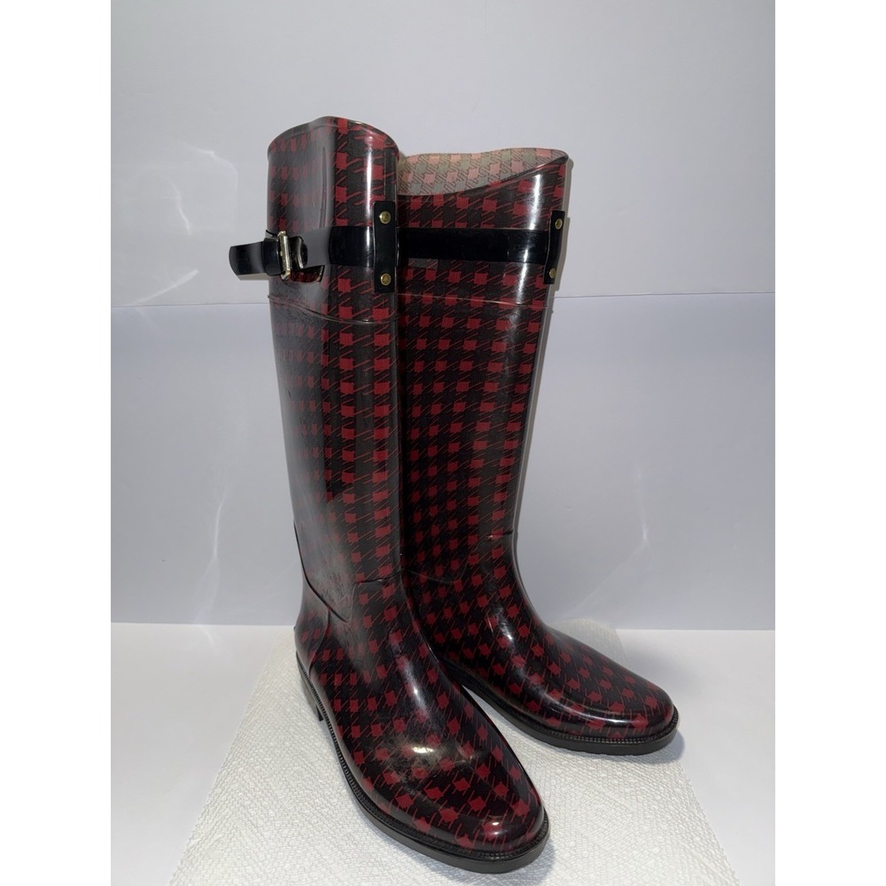 Lauren Ralph Lauren Rossalyn II Rain Boots 8 Houndstooth Red Black Buckle Strap